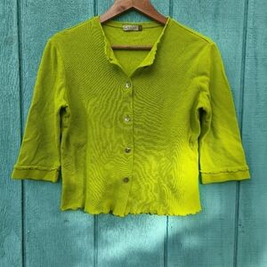 Chalet Et Ceci Waffle Knit Dainty Cardigan sz S Electric Chartreuse Funky Artsy